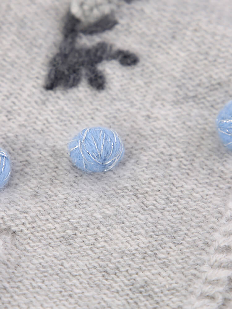 Kids Light Grey Floral Embroidery Cashmere Button-Up Cardigan